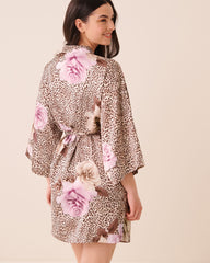 Floral Leopard Print Satin Kimono