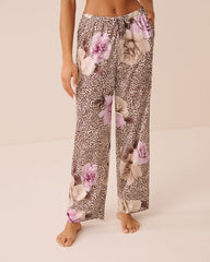Floral Leopard Print Satin Pants