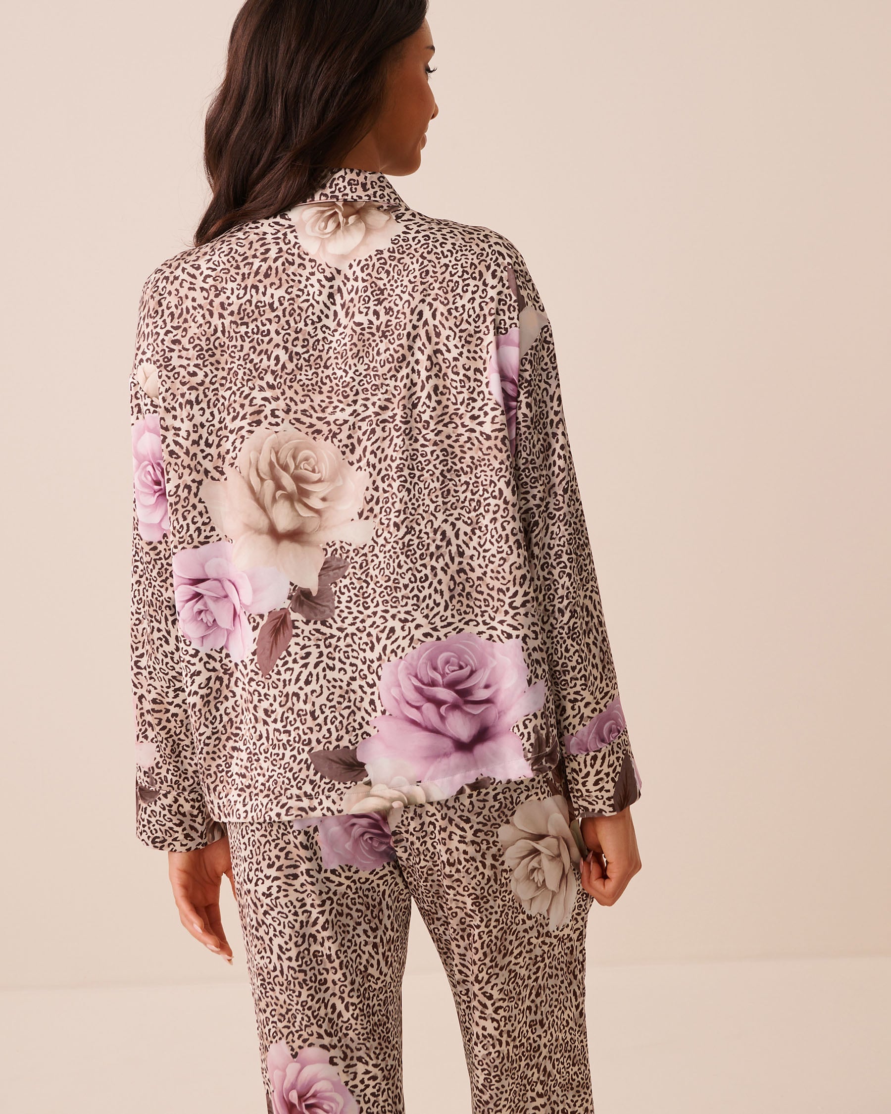 Floral Leopard Print Satin Long Sleeve Button-down Shirt