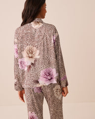 Floral Leopard Print Satin Long Sleeve Button-down Shirt
