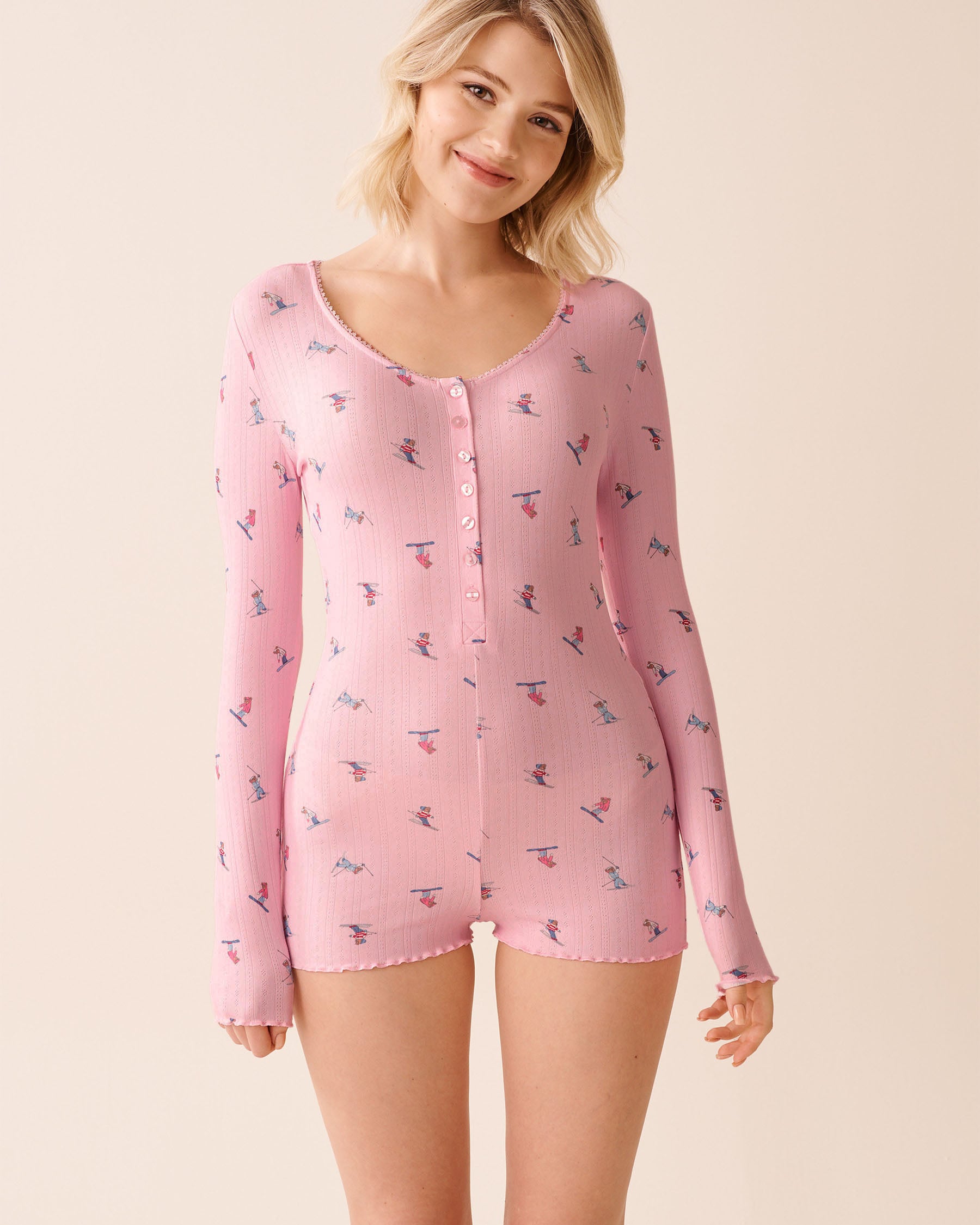 Skiing Bear Print Pointelle Long Sleeve Romper