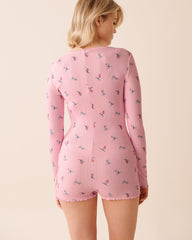 Skiing Bear Print Pointelle Long Sleeve Romper