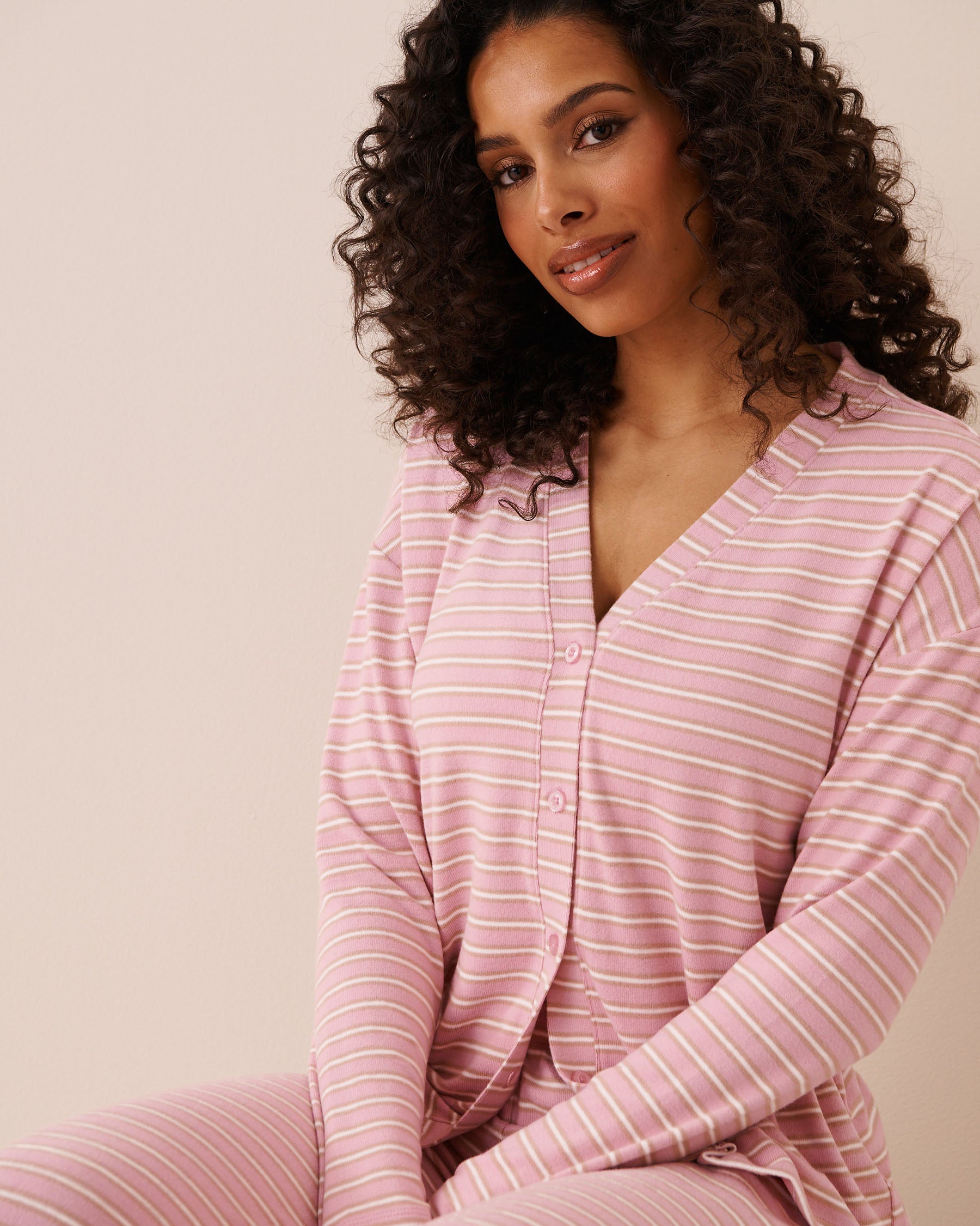 Striped Soft Knit Long Sleeve Button-down Top