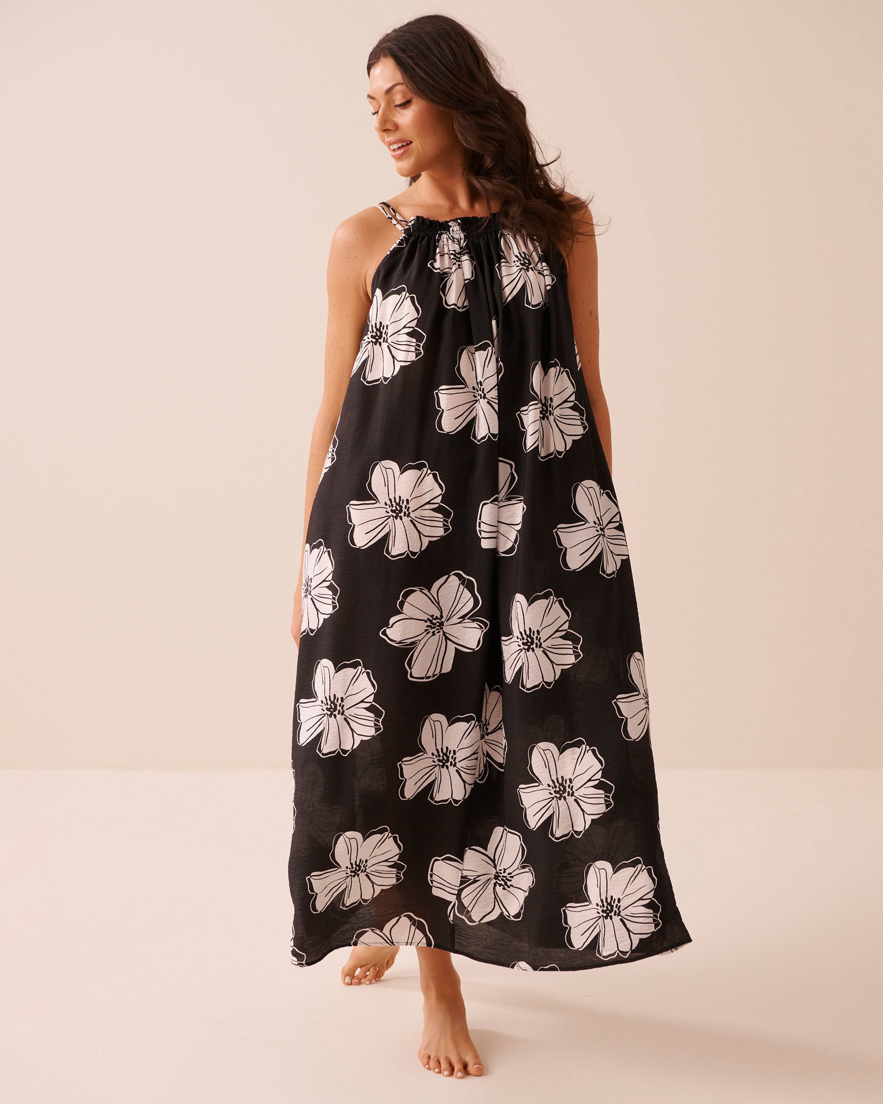 Tropical Floral High-Neck Maxi Dress