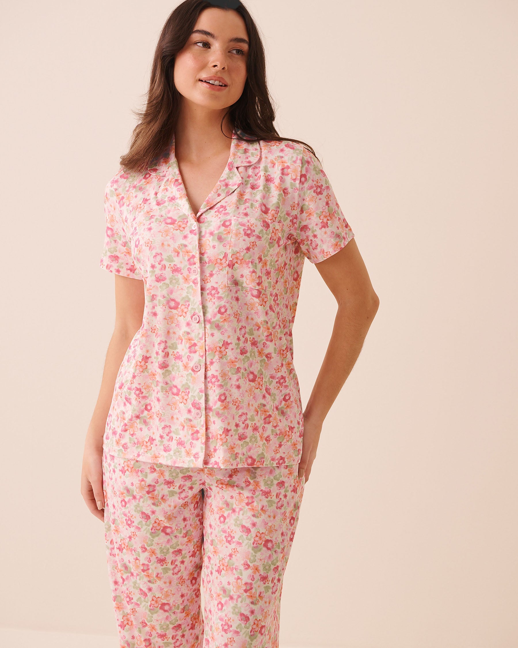 Watercolour Floral Print Super Soft Short Sleeve Button-down Shirt